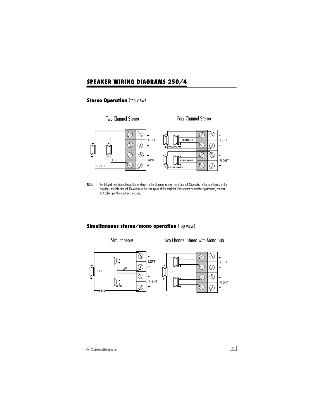 Directed Audio 300/2, 200/2 manual Speaker Wiring Diagrams 250/4, Two Channel Stereo, Simultaneous 