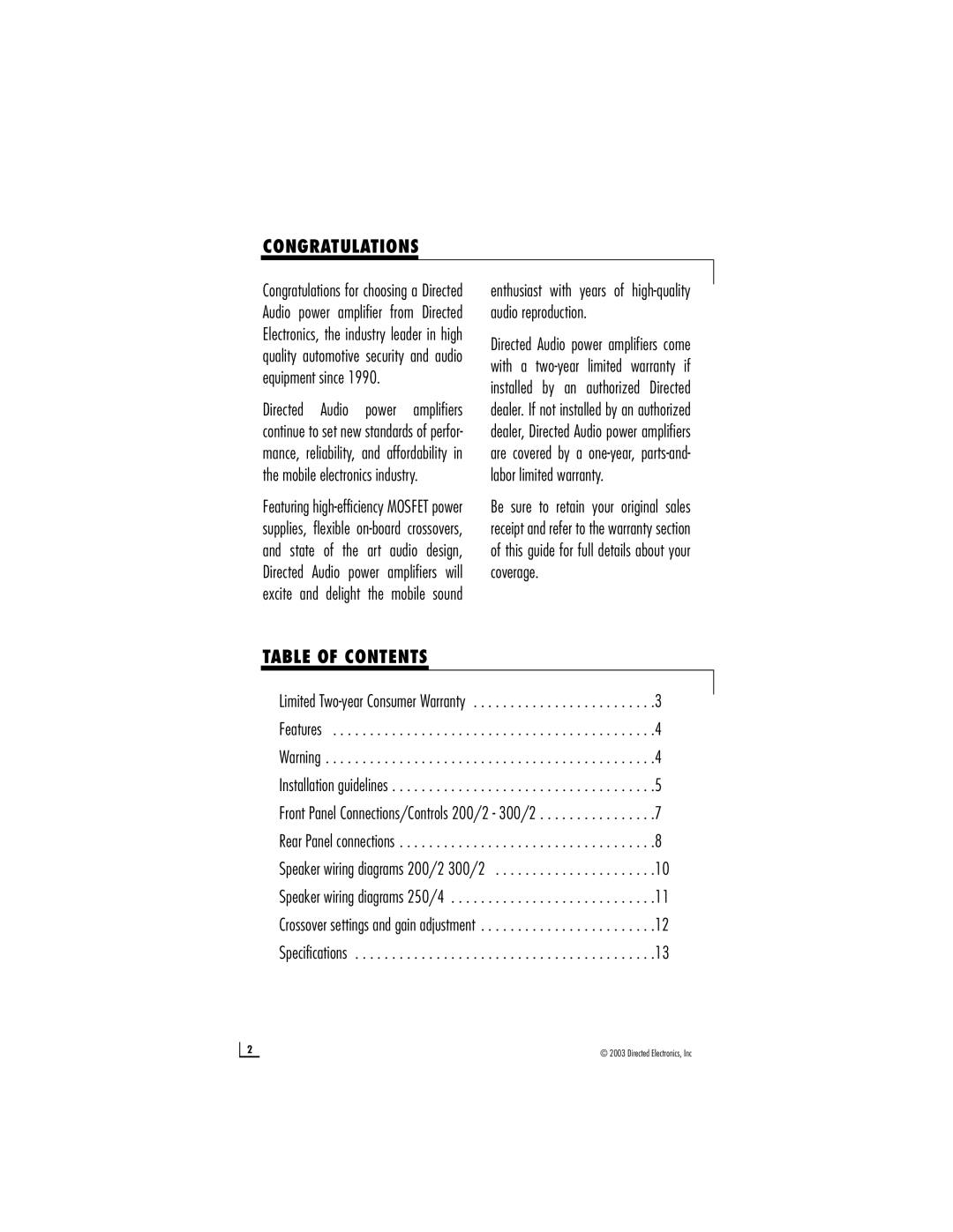 Directed Audio 300/2, 250/4, 200/2 manual Congratulations, Table of Contents 