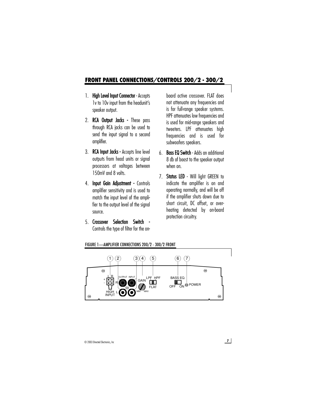 Directed Audio 250/4 manual Front Panel CONNECTIONS/CONTROLS 200/2 300/2, OFF on 