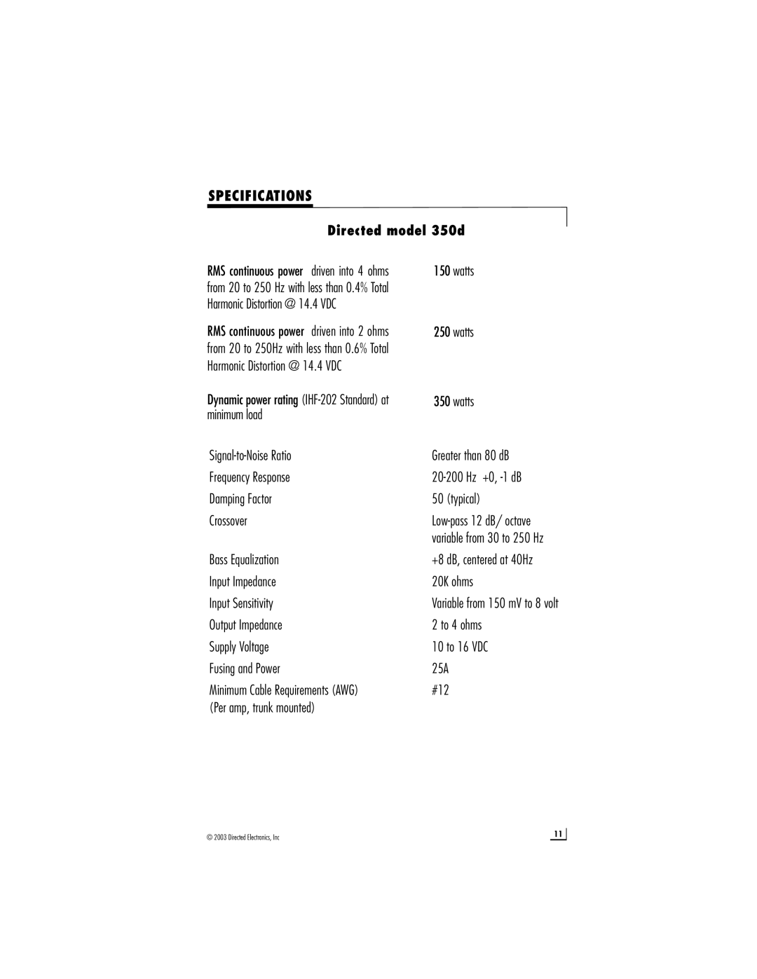 Directed Audio manual Specifications, Directed model 350d 