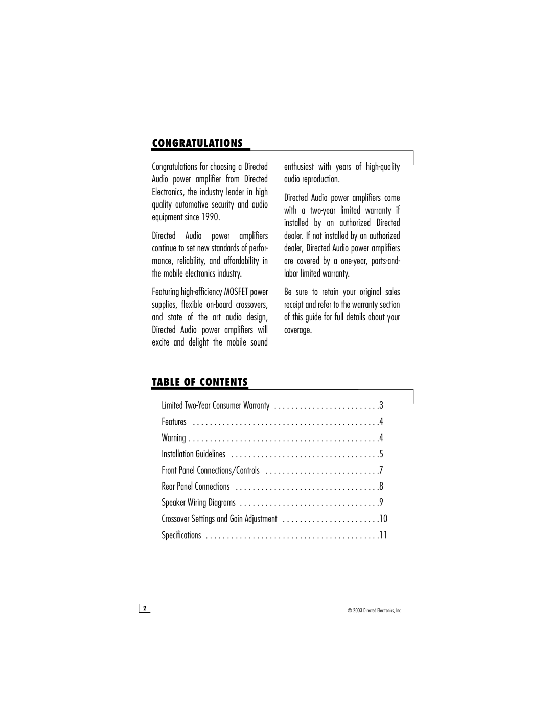 Directed Audio 350d manual Congratulations, Table of Contents 