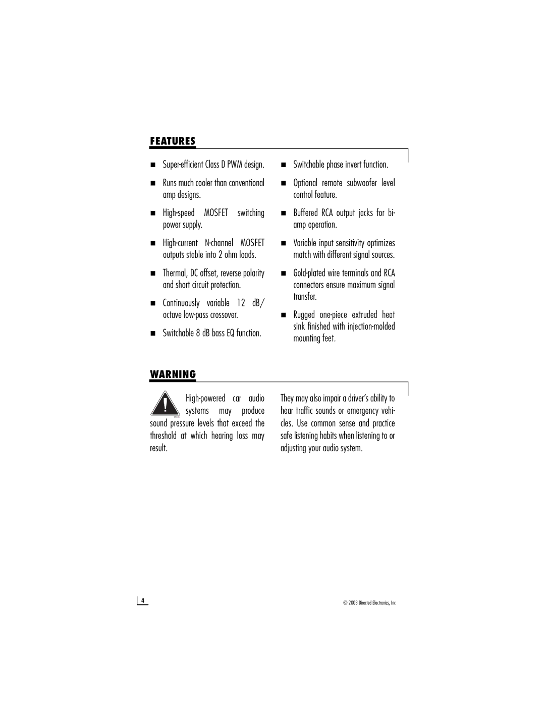 Directed Audio 350d manual Features, „ High-speed Mosfet switching power supply 