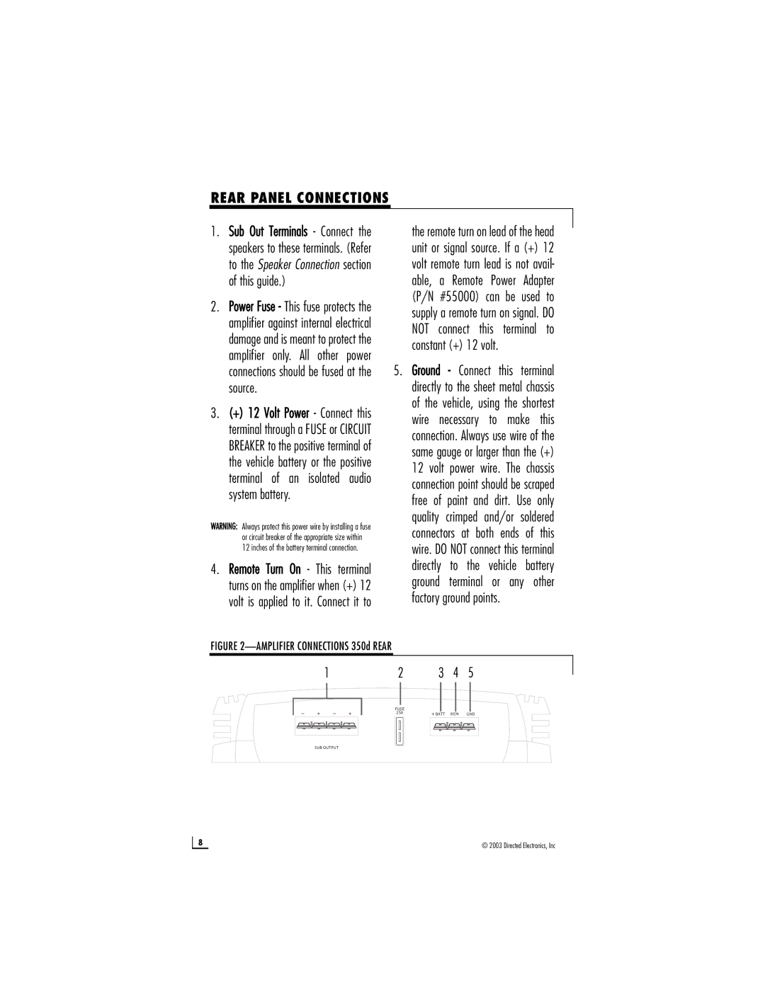 Directed Audio manual Rear Panel Connections, Amplifier Connections 350d Rear 