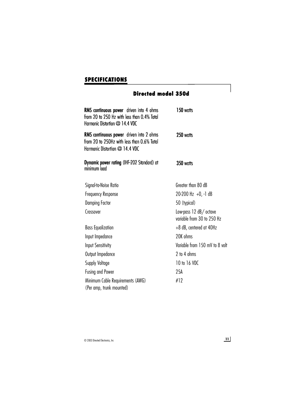 Directed Audio manual SPECIFICATIONS Directed model 350d 