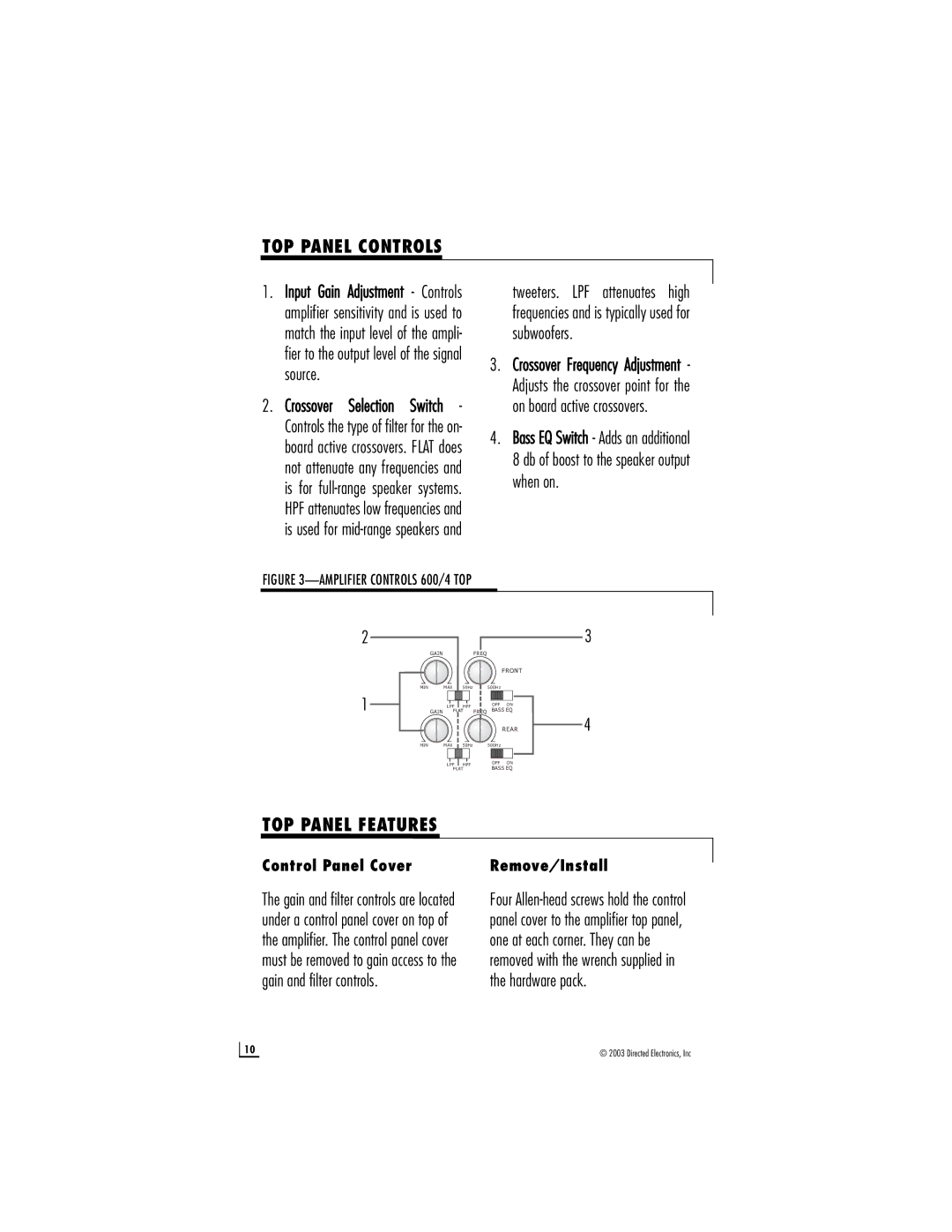 Directed Audio 600/4 manual TOP Panel Controls, TOP Panel Features 