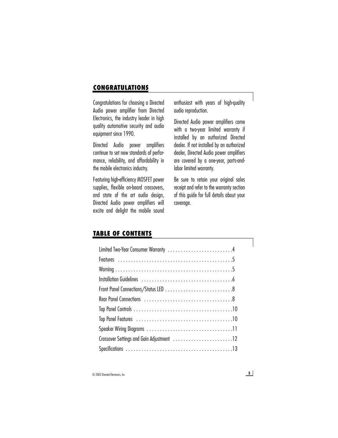 Directed Audio 600/4 manual Congratulations, Table of Contents 