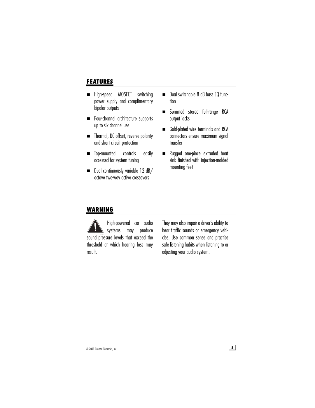 Directed Audio 600/4 manual Features, „ Dual switchable 8 dB bass EQ func- tion, Threshold at which hearing loss may result 