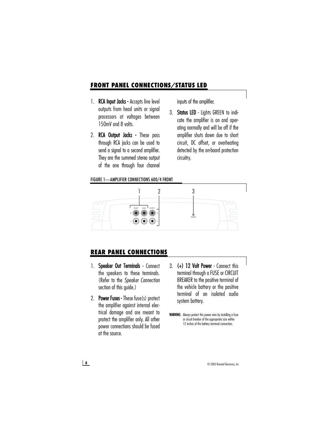 Directed Audio 600/4 manual Front Panel CONNECTIONS/STATUS LED, Inputs of the amplifier, Rear Panel Connections 