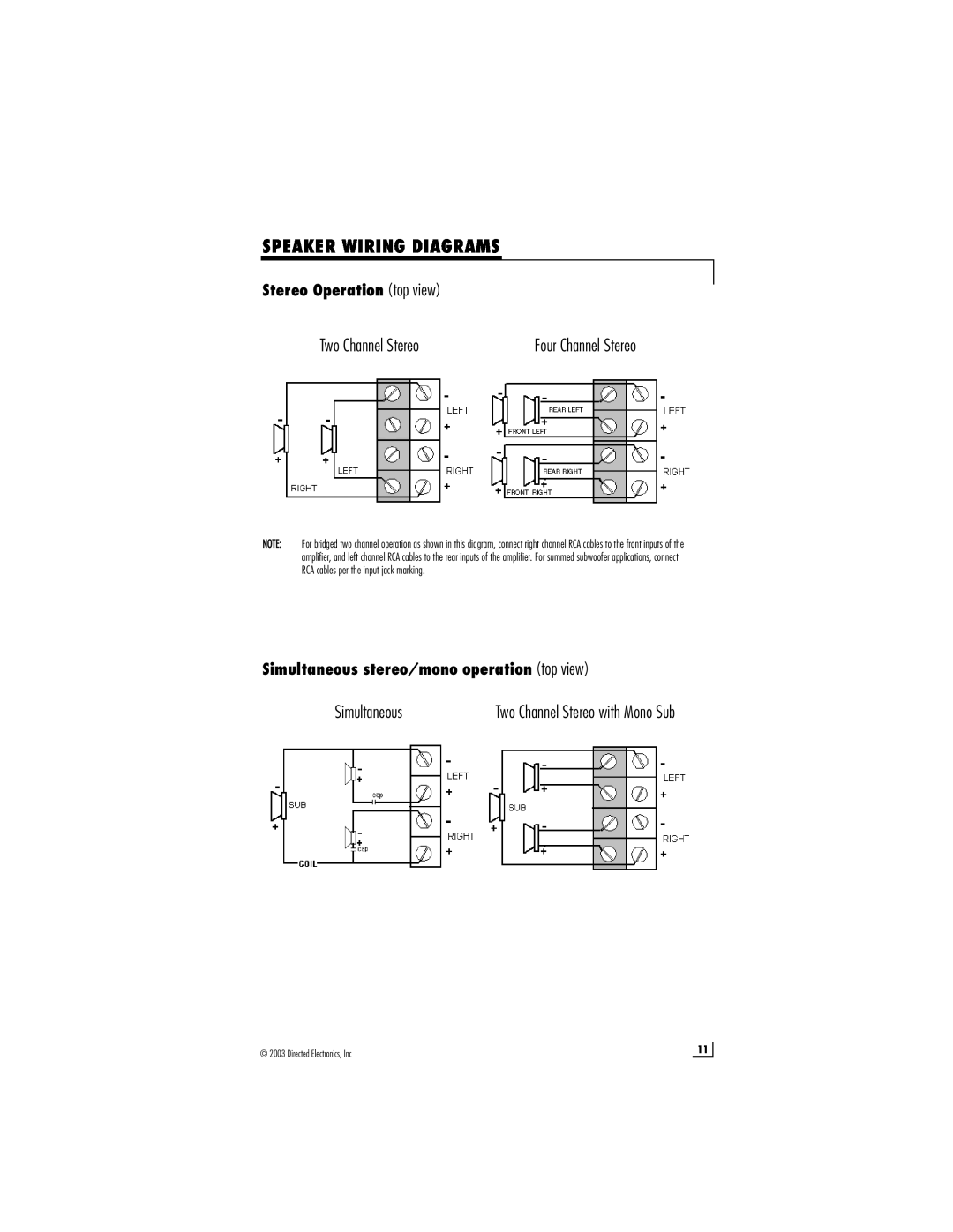 Directed Audio 600/4 manual Speaker Wiring Diagrams, Two Channel Stereo, Simultaneous, Stereo Operation top view 
