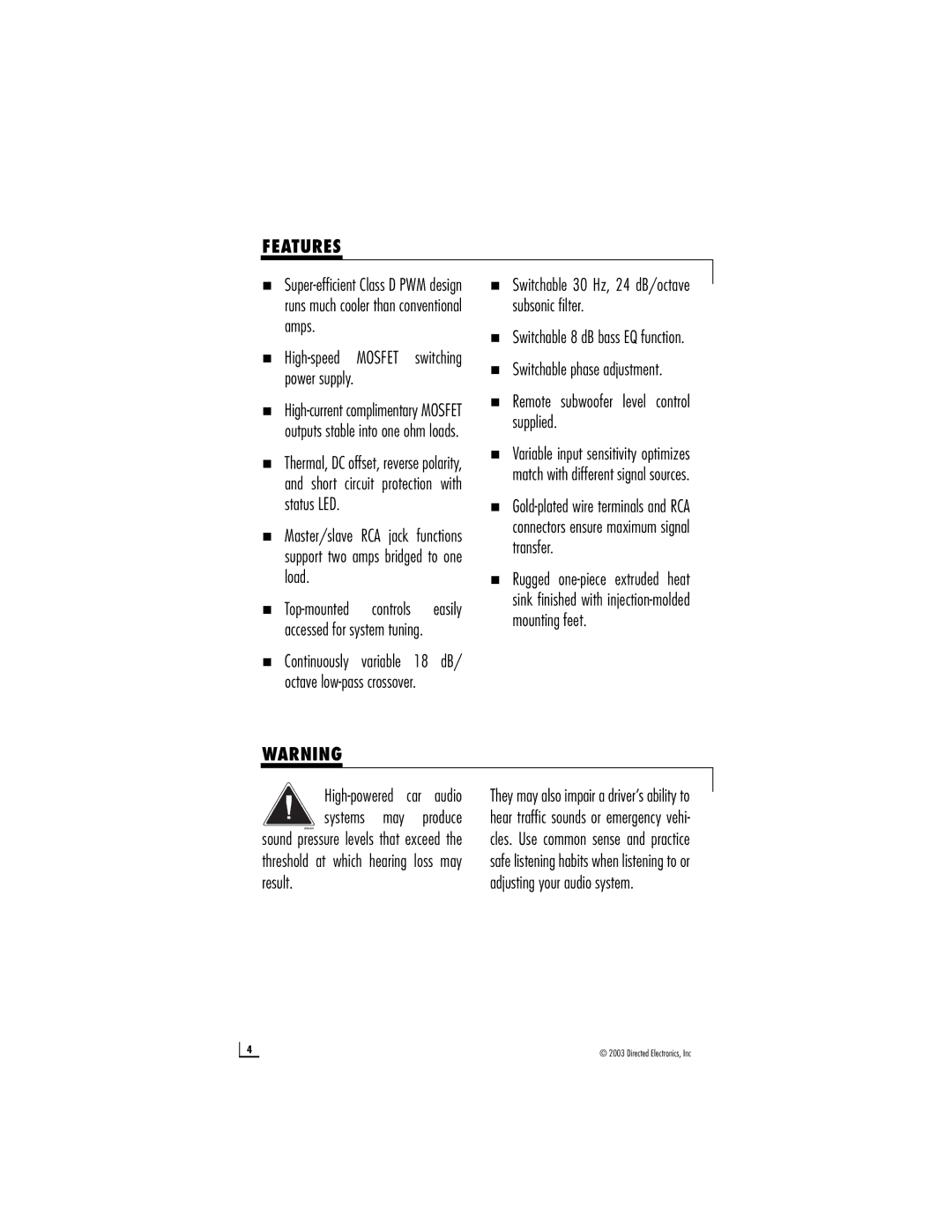 Directed Audio 750d 1500d manual Features, „ High-speed Mosfet switching power supply 