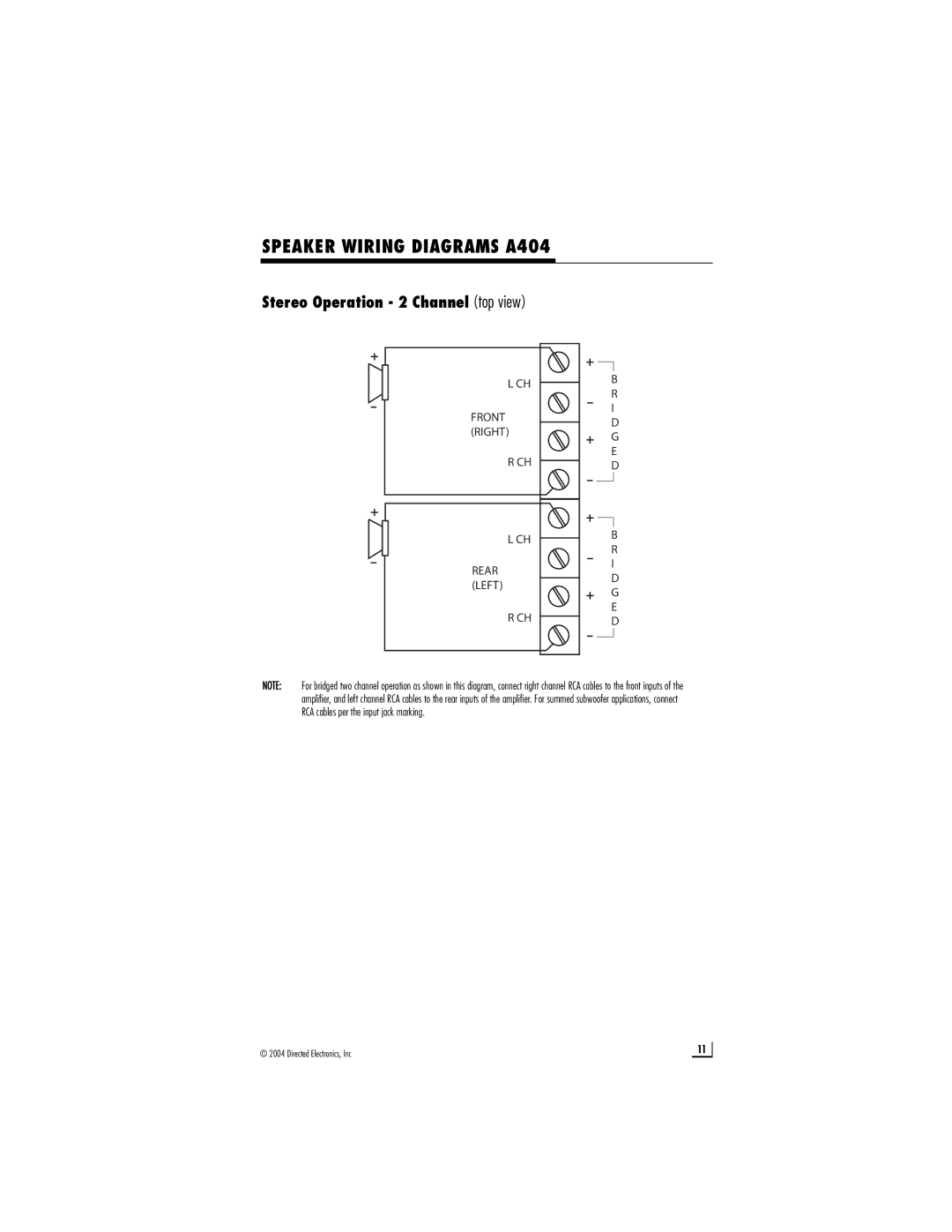 Directed Audio A502 owner manual Speaker Wiring Diagrams A404, Stereo Operation 2 Channel top view 