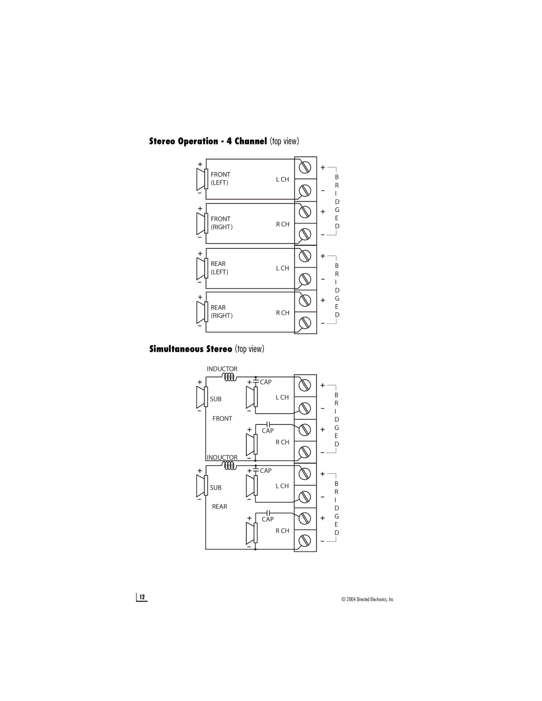 Directed Audio A404, A502 owner manual Stereo Operation 4 Channel top view 