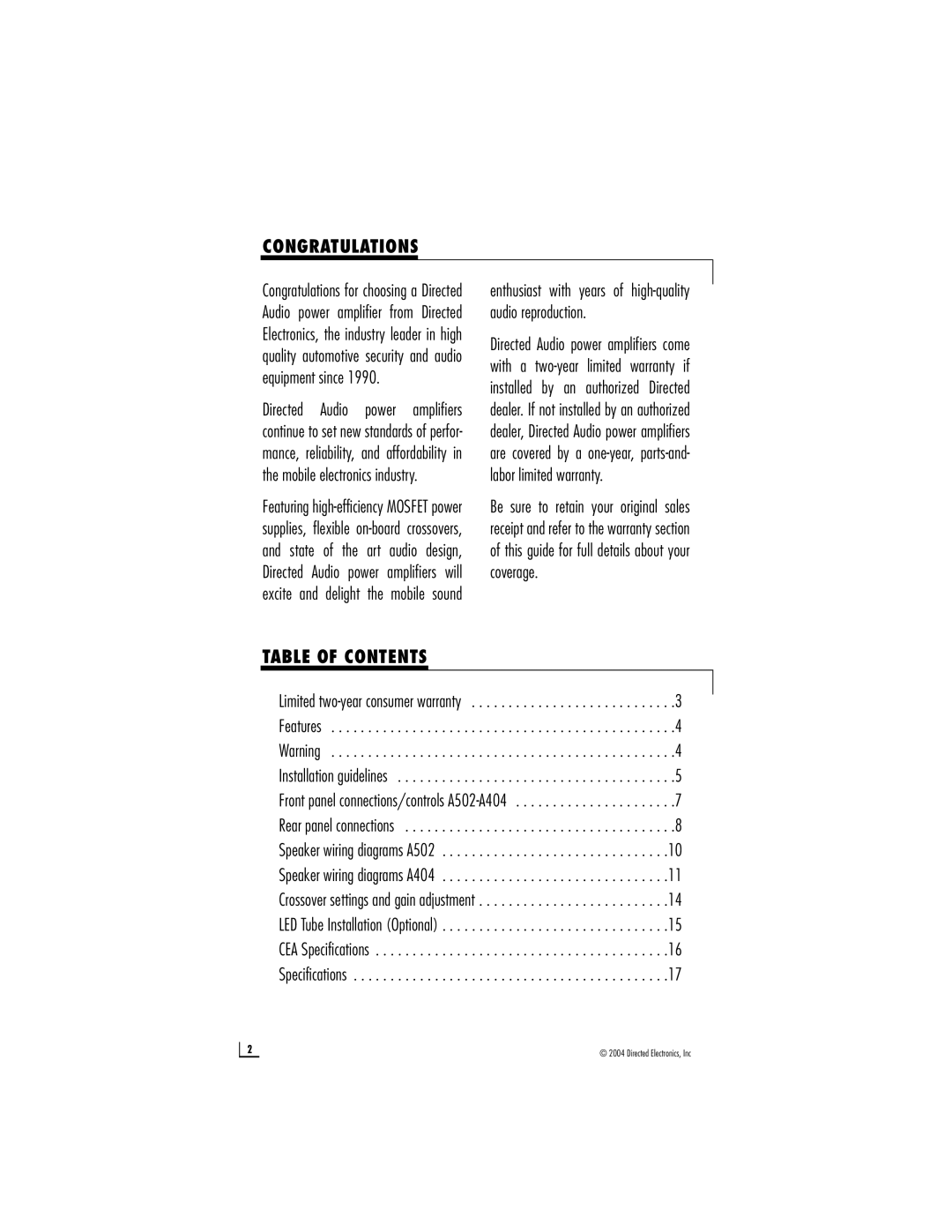 Directed Audio A404, A502 owner manual Congratulations, Table of Contents 