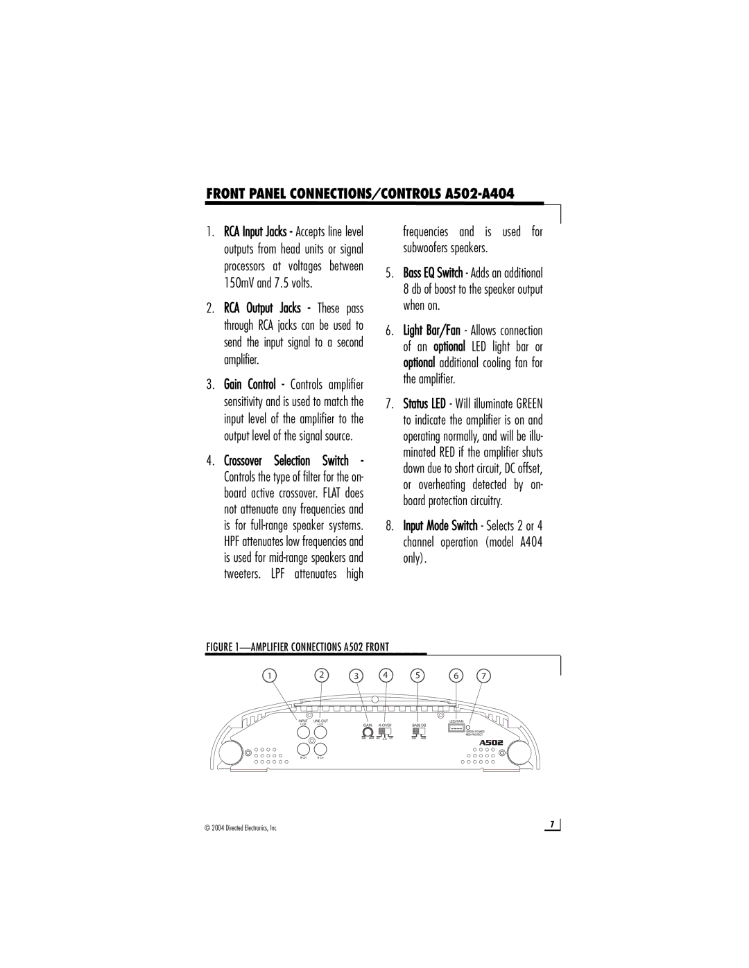 Directed Audio owner manual Front Panel CONNECTIONS/CONTROLS A502-A404, Frequencies and is used for subwoofers speakers 