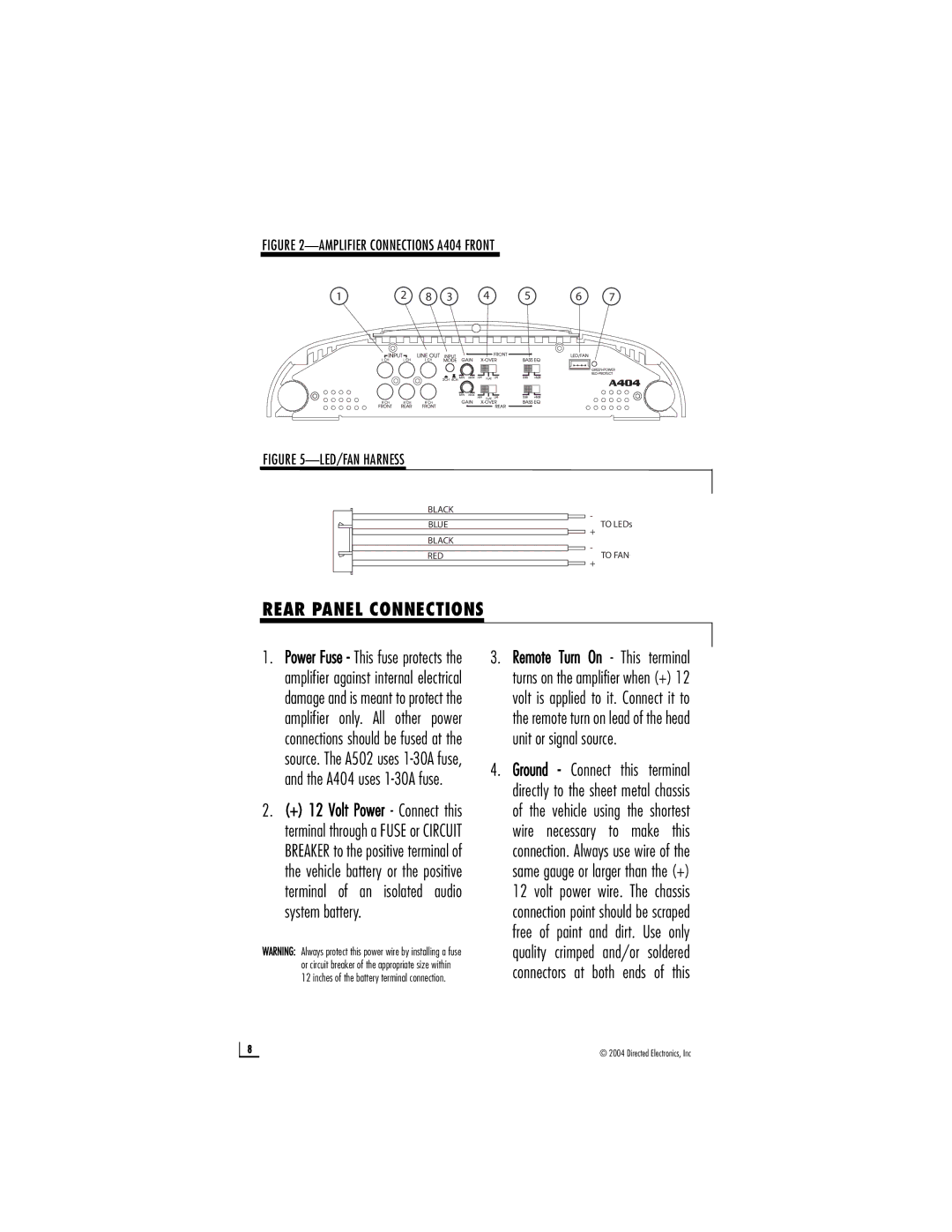 Directed Audio A502 owner manual Rear Panel Connections, Amplifier Connections A404 Front 