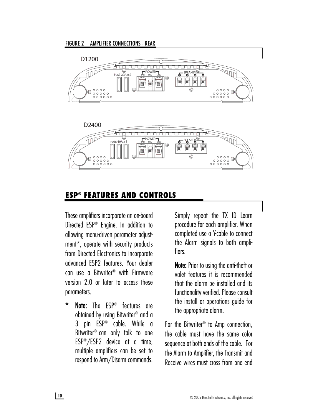 Directed Audio D2400, D1200 owner manual ESP Features and Controls, Amplifier Connections Rear 