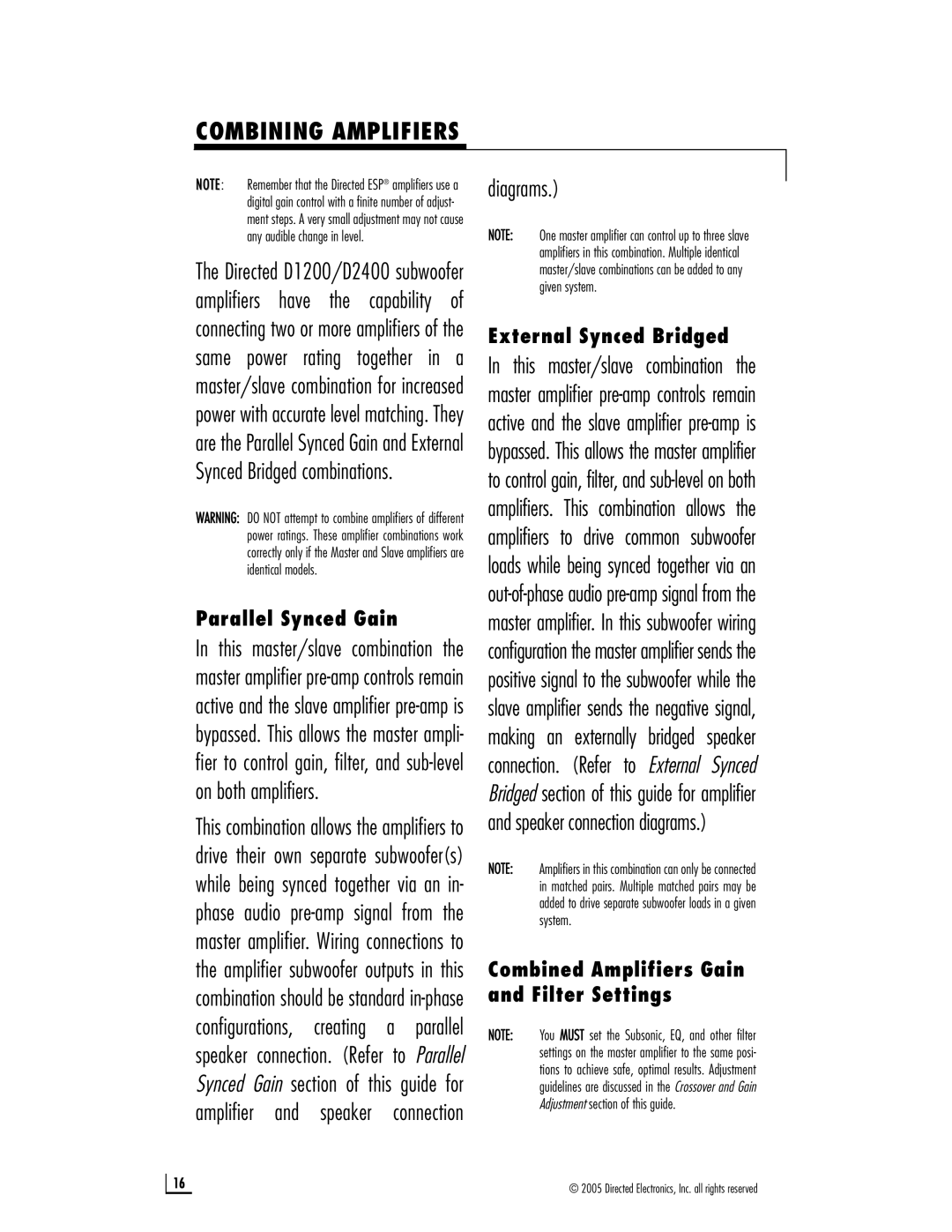 Directed Audio D2400, D1200 owner manual Combining Amplifiers, Diagrams 