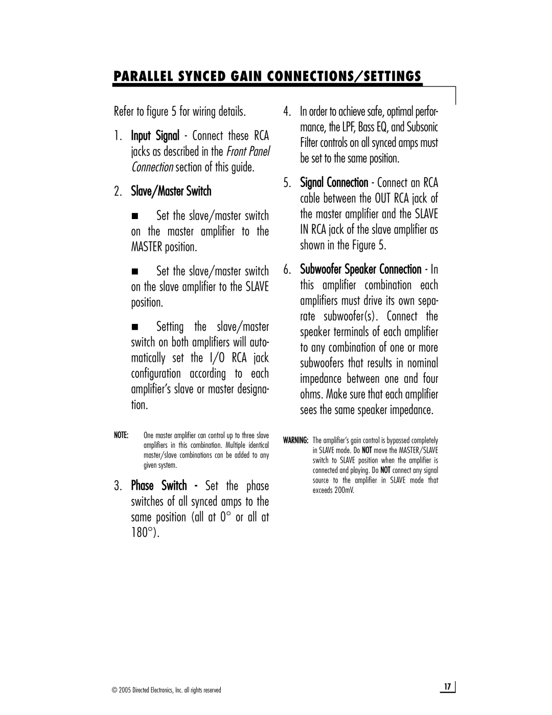 Directed Audio D1200, D2400 owner manual Parallel Synced Gain CONNECTIONS/SETTINGS, Slave/Master Switch 