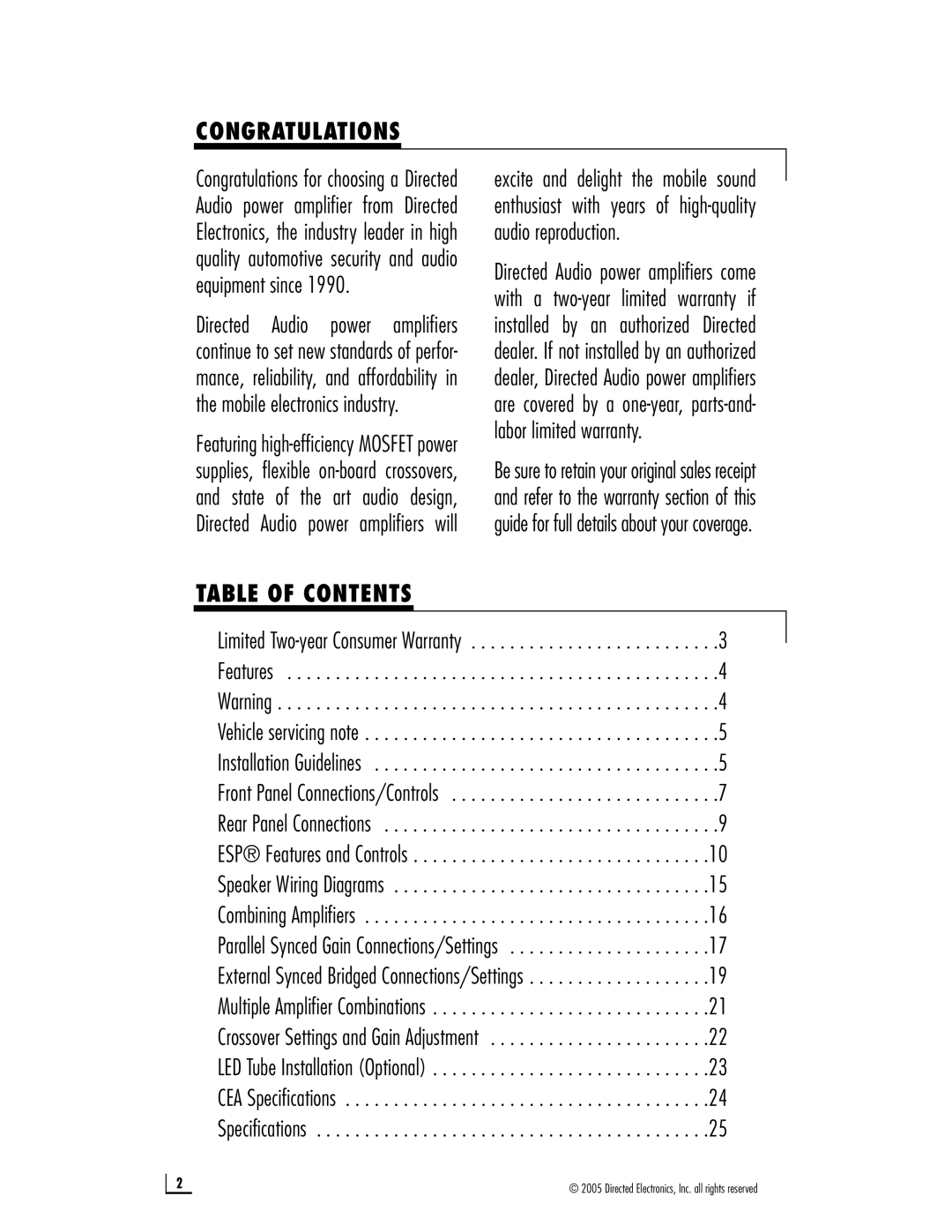 Directed Audio D2400, D1200 owner manual Congratulations, Table of Contents 