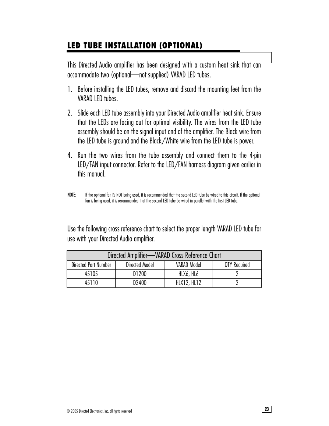 Directed Audio D1200, D2400 owner manual LED Tube Installation Optional, Directed Amplifier-VARAD Cross Reference Chart 