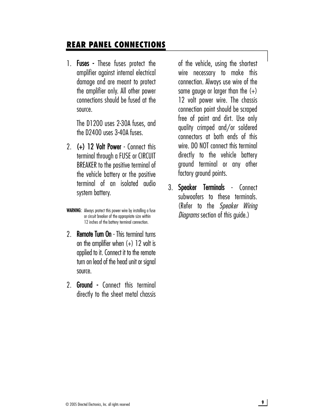 Directed Audio D1200, D2400 owner manual Rear Panel Connections 