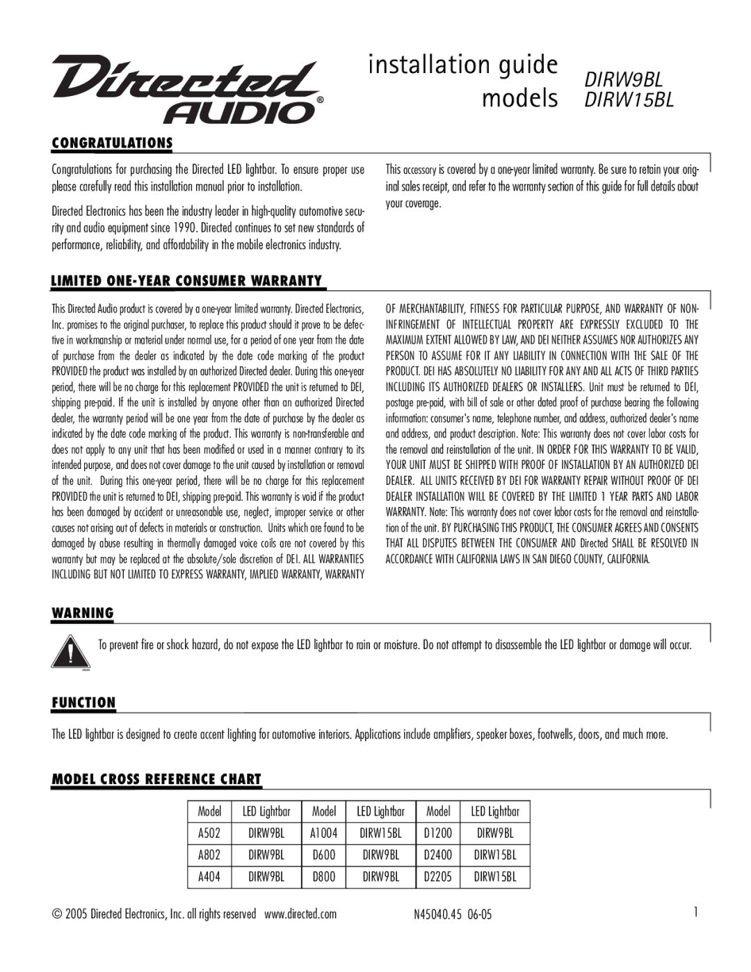 Directed Audio warranty Installation guide models, DIRW9BL DIRW15BL 