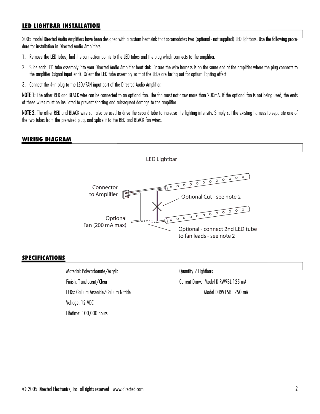 Directed Audio DIRW9BL, DIRW15BL warranty LED Lightbar Installation, Wiring Diagram, Specifications 