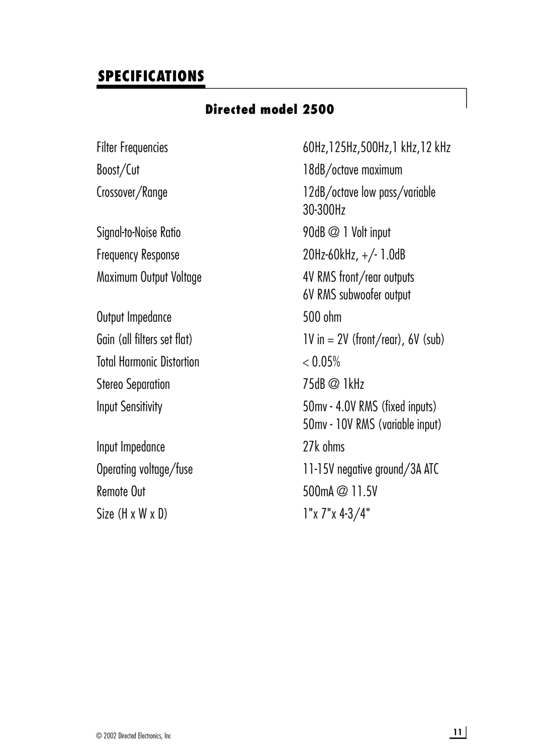 Directed Audio Model 2500 manual Specifications 