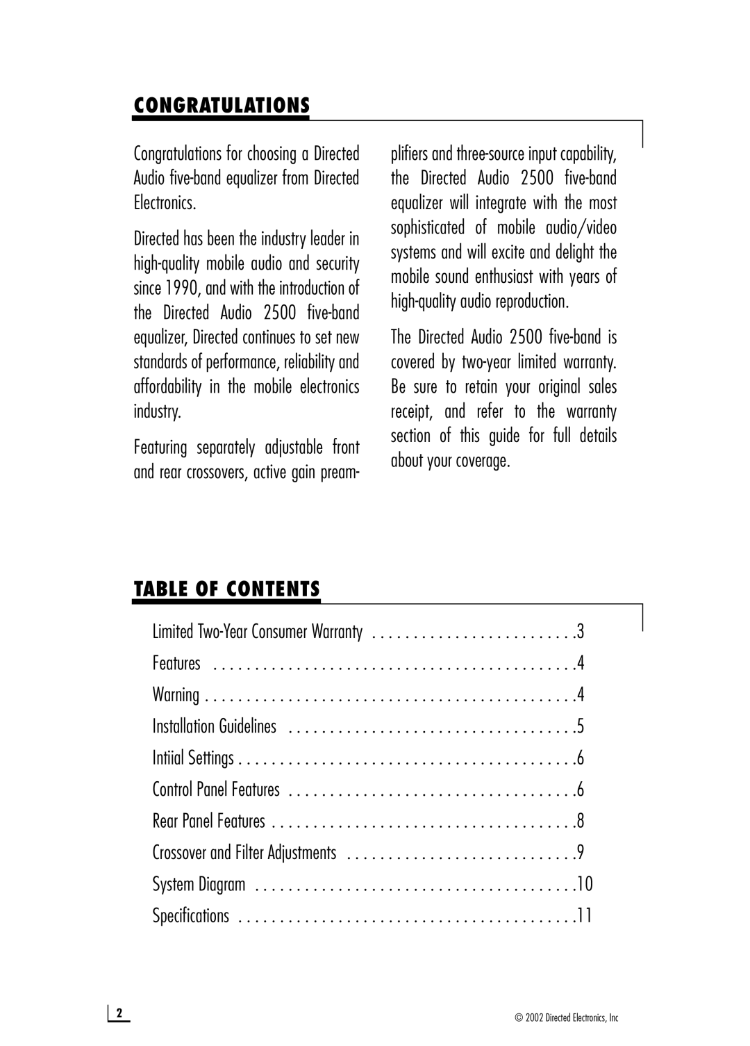 Directed Audio Model 2500 manual Congratulations, Table of Contents 