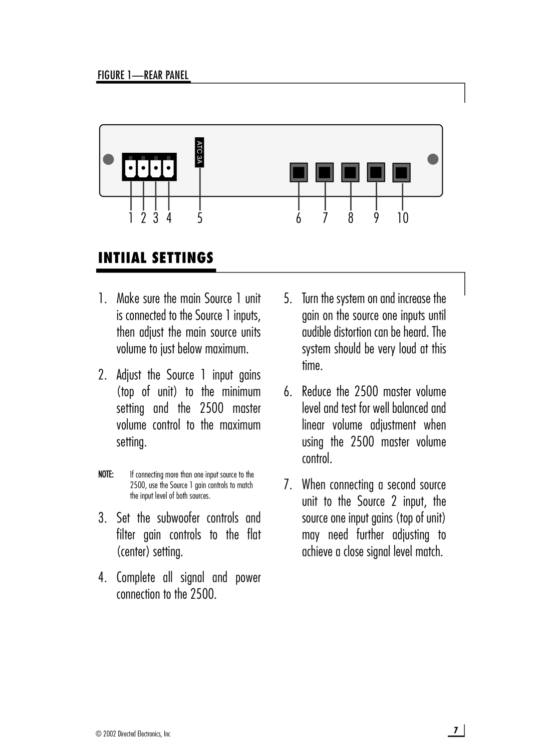 Directed Audio Model 2500 manual Intiial Settings, Complete all signal and power connection to 