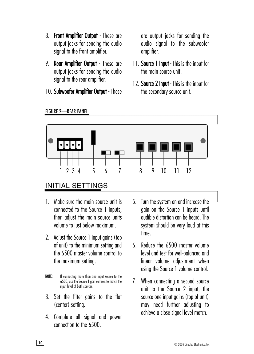 Directed Audio Model 6500 manual Initial Settings, Set the filter gains to the flat center setting 