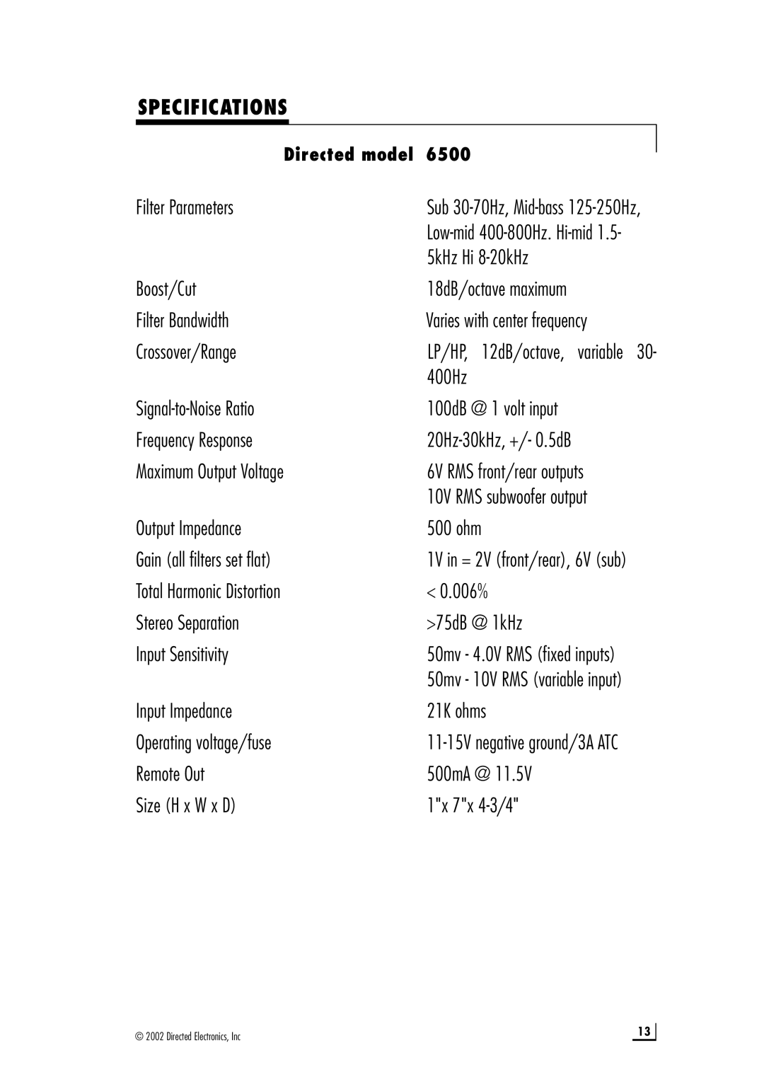 Directed Audio Model 6500 manual Specifications 