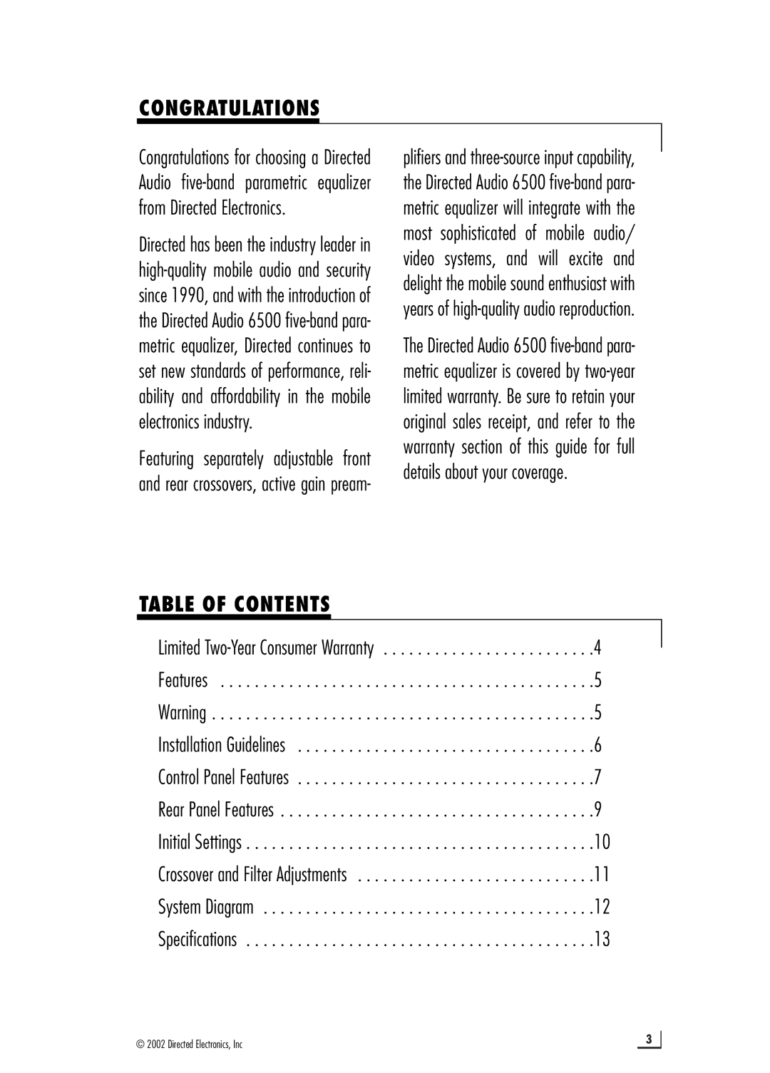 Directed Audio Model 6500 manual Congratulations, Table of Contents 