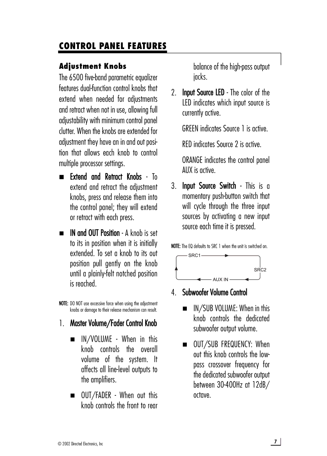 Directed Audio Model 6500 manual Control Panel Features, Subwoofer Volume Control 