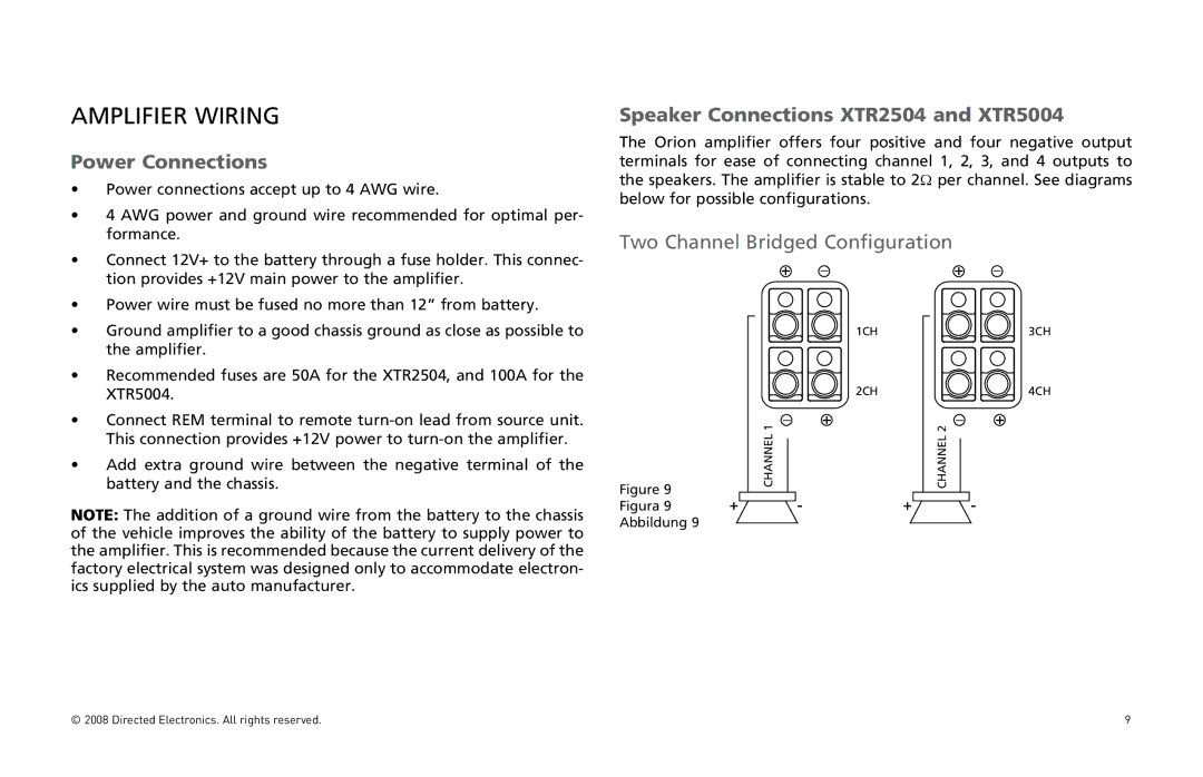 Directed Audio owner manual Power Connections, Speaker Connections XTR2504 and XTR5004 