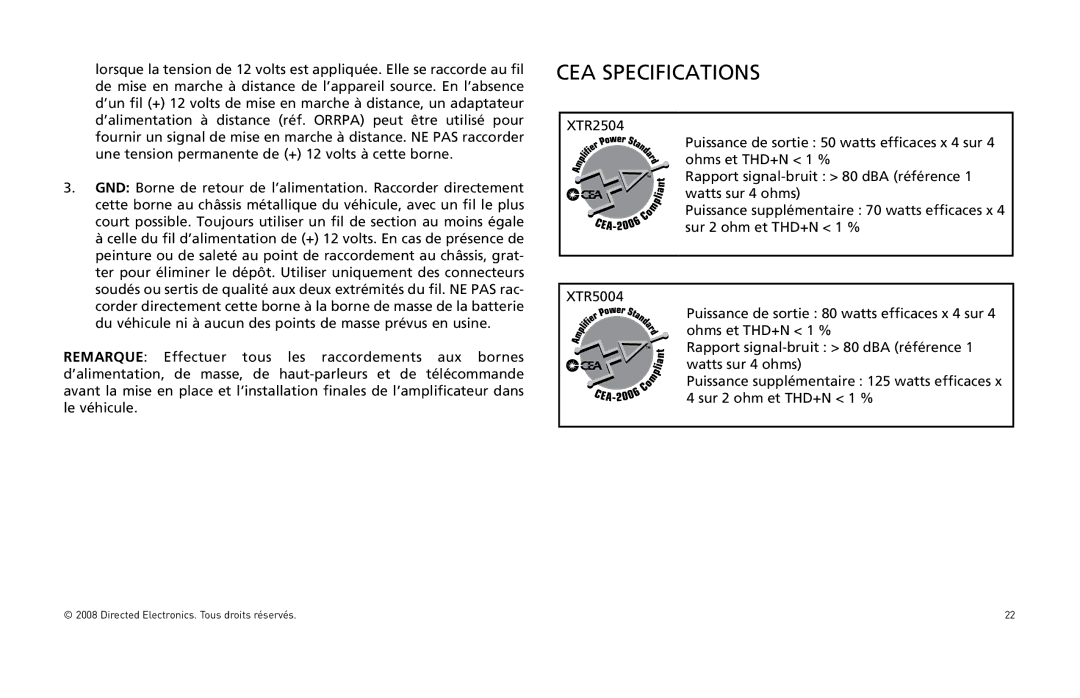 Directed Audio XTR5004, XTR2504 owner manual CEA Specifications 