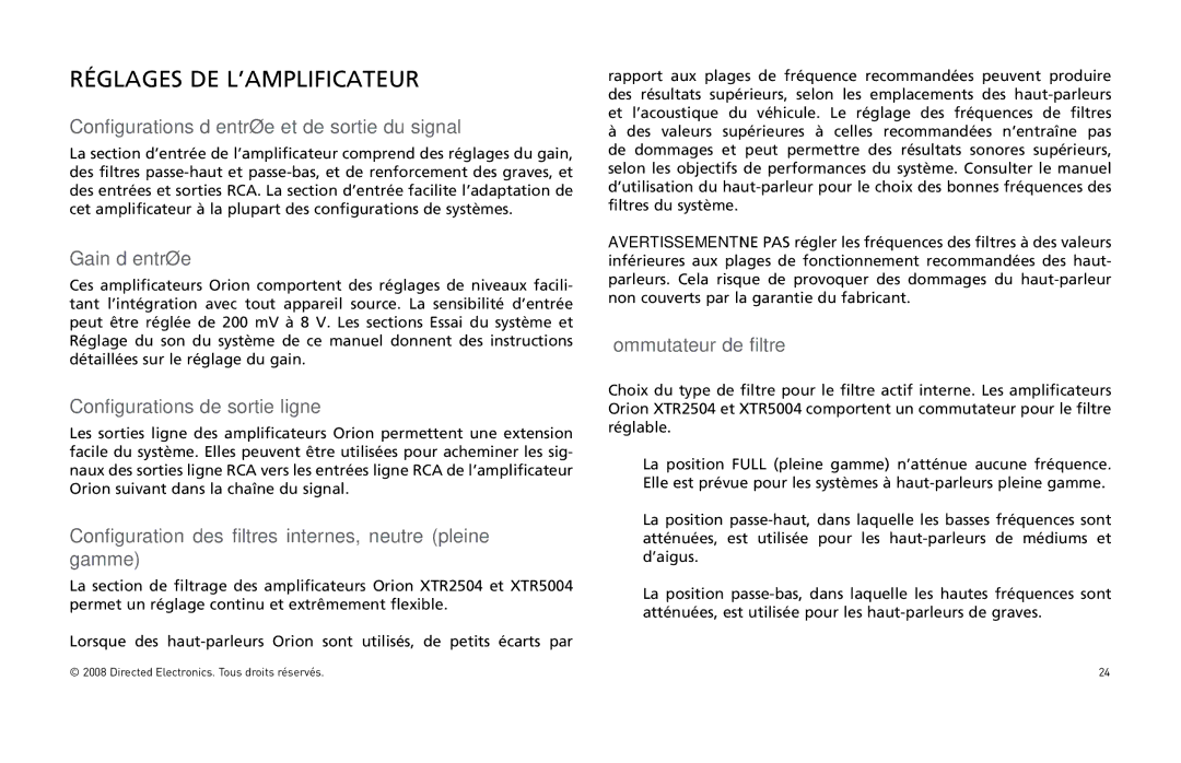 Directed Audio XTR5004, XTR2504 owner manual Réglages DE L’AMPLIFICATEUR 