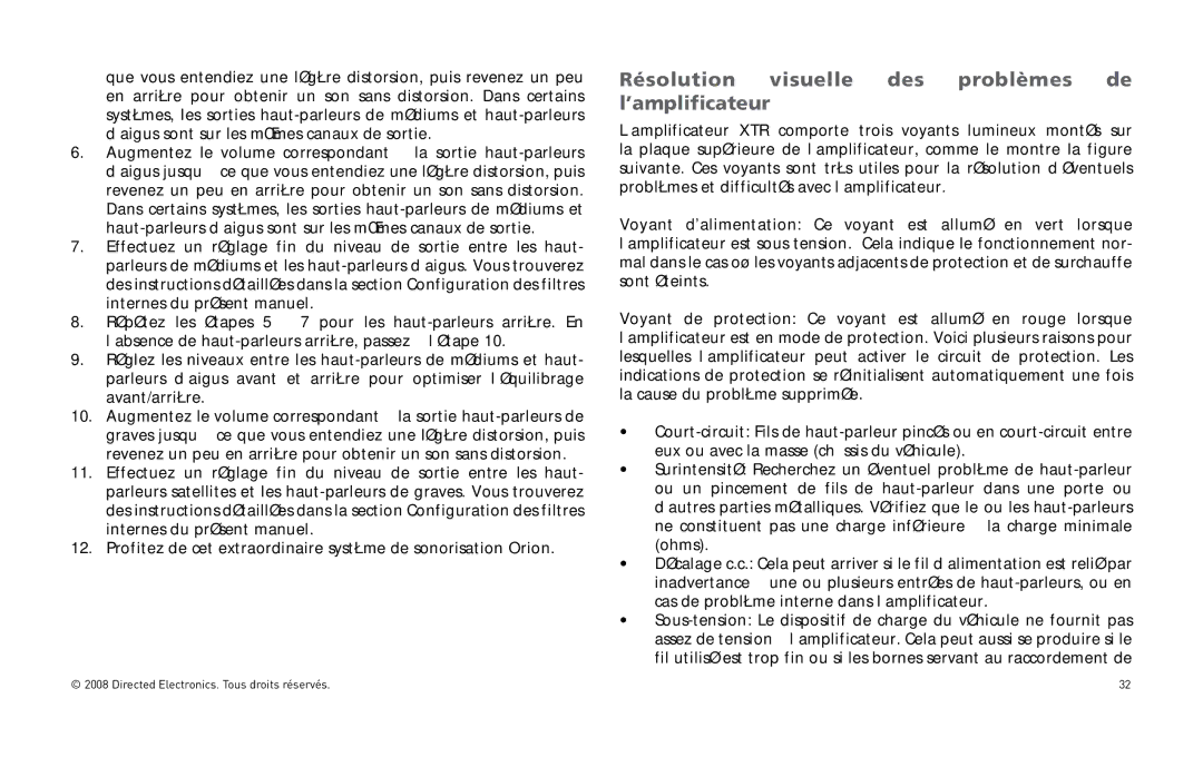 Directed Audio XTR5004, XTR2504 owner manual Résolution visuelle des problèmes de l’amplificateur 