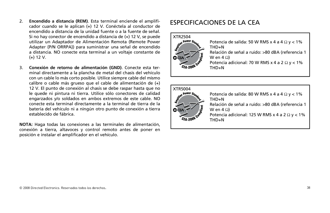 Directed Audio XTR5004, XTR2504 owner manual Especificaciones DE LA CEA, Thd+N 