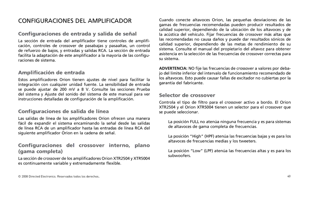 Directed Audio XTR5004, XTR2504 owner manual Configuraciones DEL Amplificador 