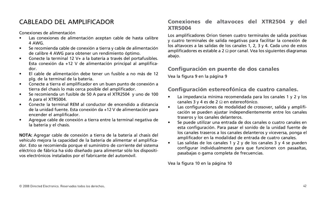 Directed Audio owner manual Cableado DEL Amplificador, Conexiones de altavoces del XTR2504 y del XTR5004 