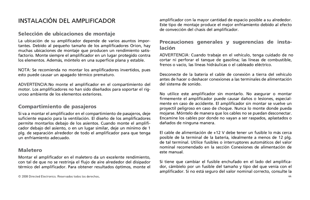 Directed Audio XTR5004 Instalación DEL Amplificador, Selección de ubicaciones de montaje, Compartimiento de pasajeros 