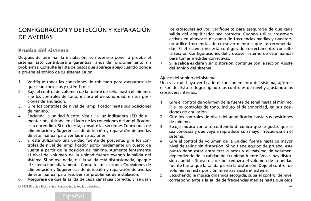 Directed Audio XTR2504, XTR5004 owner manual Configuración Y Detección Y Reparación DE Averías, Prueba del sistema 