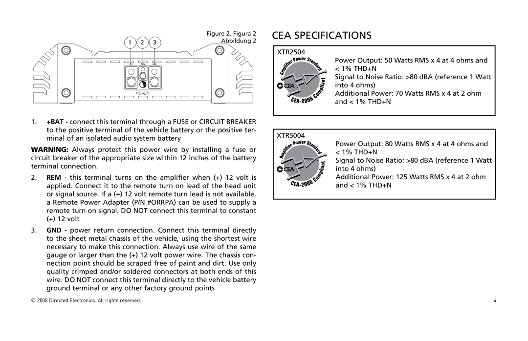 Directed Audio XTR5004, XTR2504 owner manual CEA Specifications 