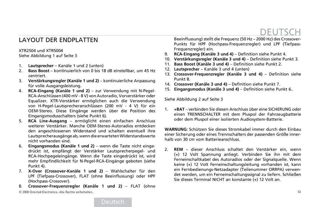 Directed Audio XTR2504, XTR5004 owner manual Layout DER Endplatten, Eingangsmodus Kanäle 3 und 4 Definition siehe Punkt 