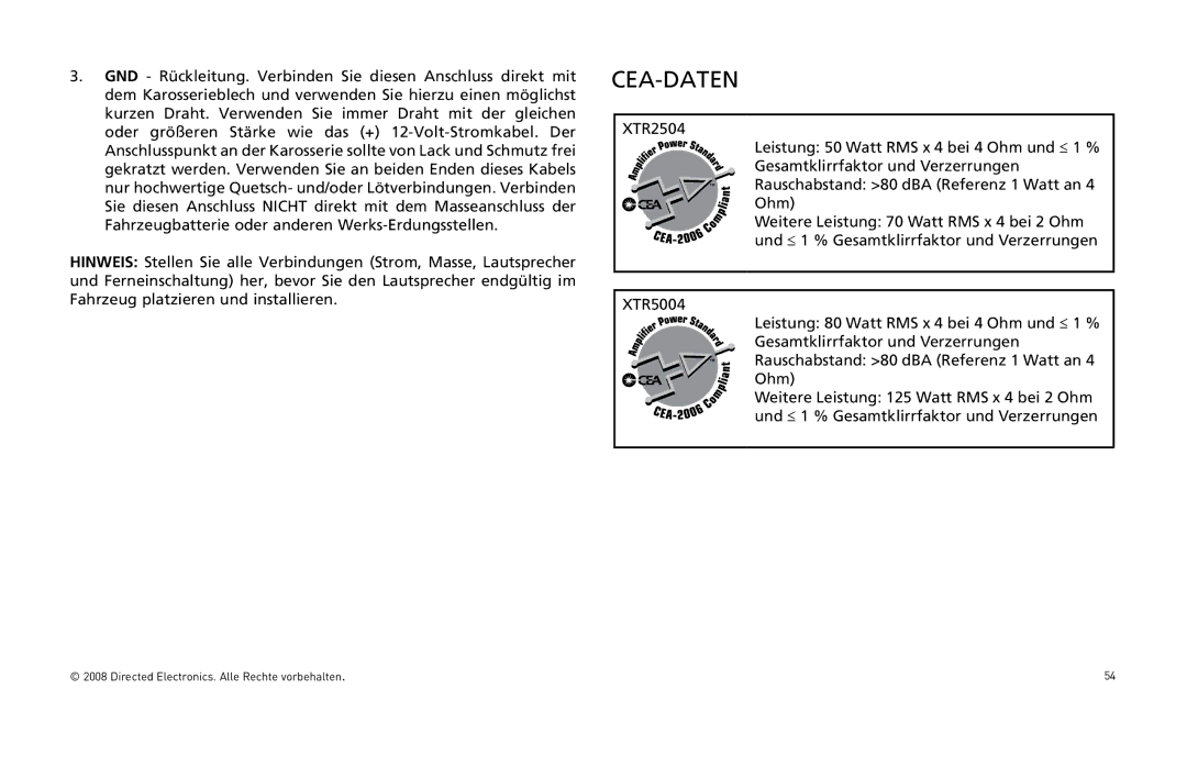 Directed Audio XTR5004, XTR2504 owner manual Cea-Daten 