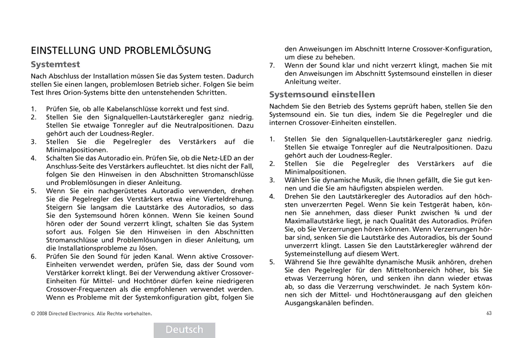 Directed Audio XTR2504, XTR5004 owner manual Einstellung UND Problemlösung, Systemtest, Systemsound einstellen 