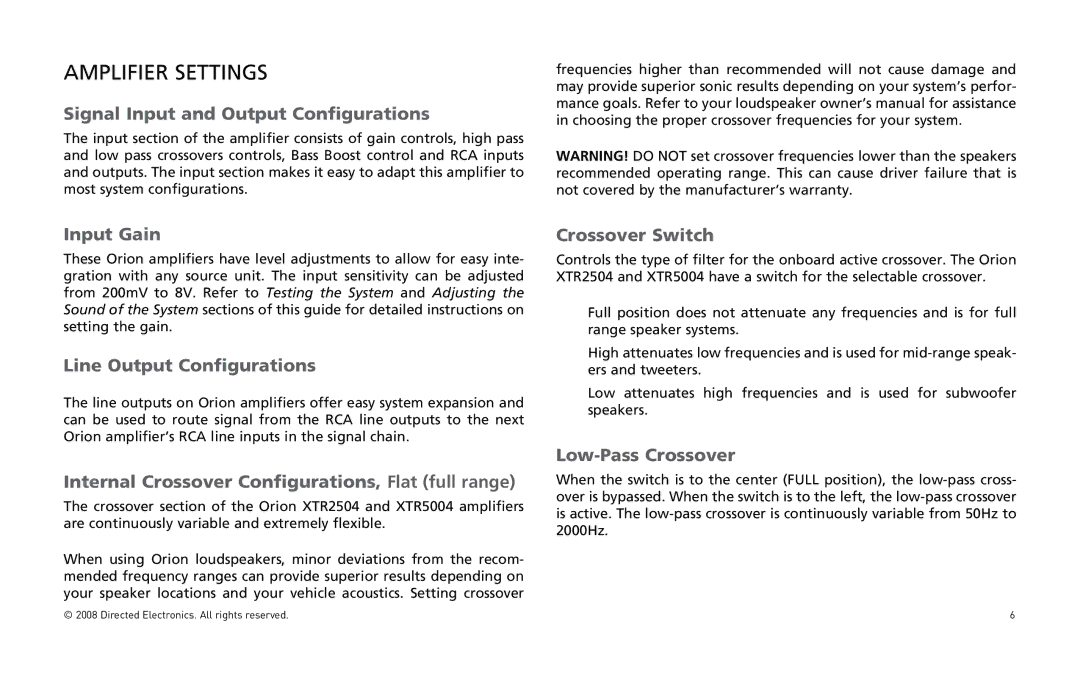 Directed Audio XTR5004 Signal Input and Output Configurations, Input Gain, Line Output Configurations, Crossover Switch 