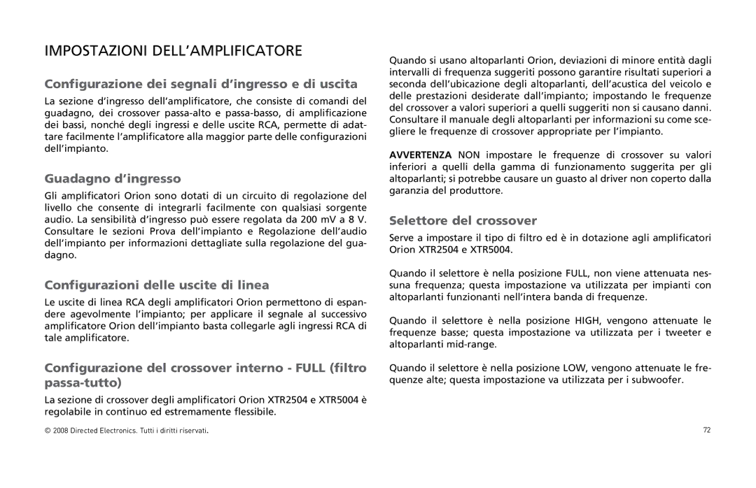 Directed Audio XTR5004, XTR2504 Impostazioni DELL’AMPLIFICATORE, Configurazione dei segnali d’ingresso e di uscita 