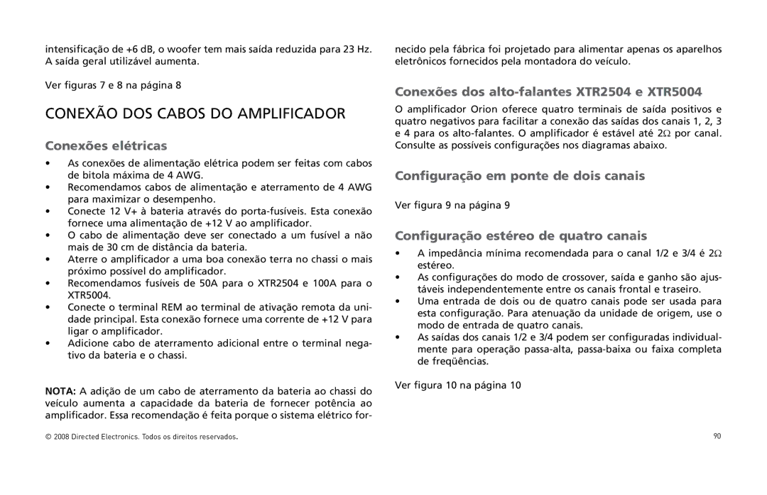 Directed Audio Conexão DOS Cabos do Amplificador, Conexões elétricas, Conexões dos alto-falantes XTR2504 e XTR5004 